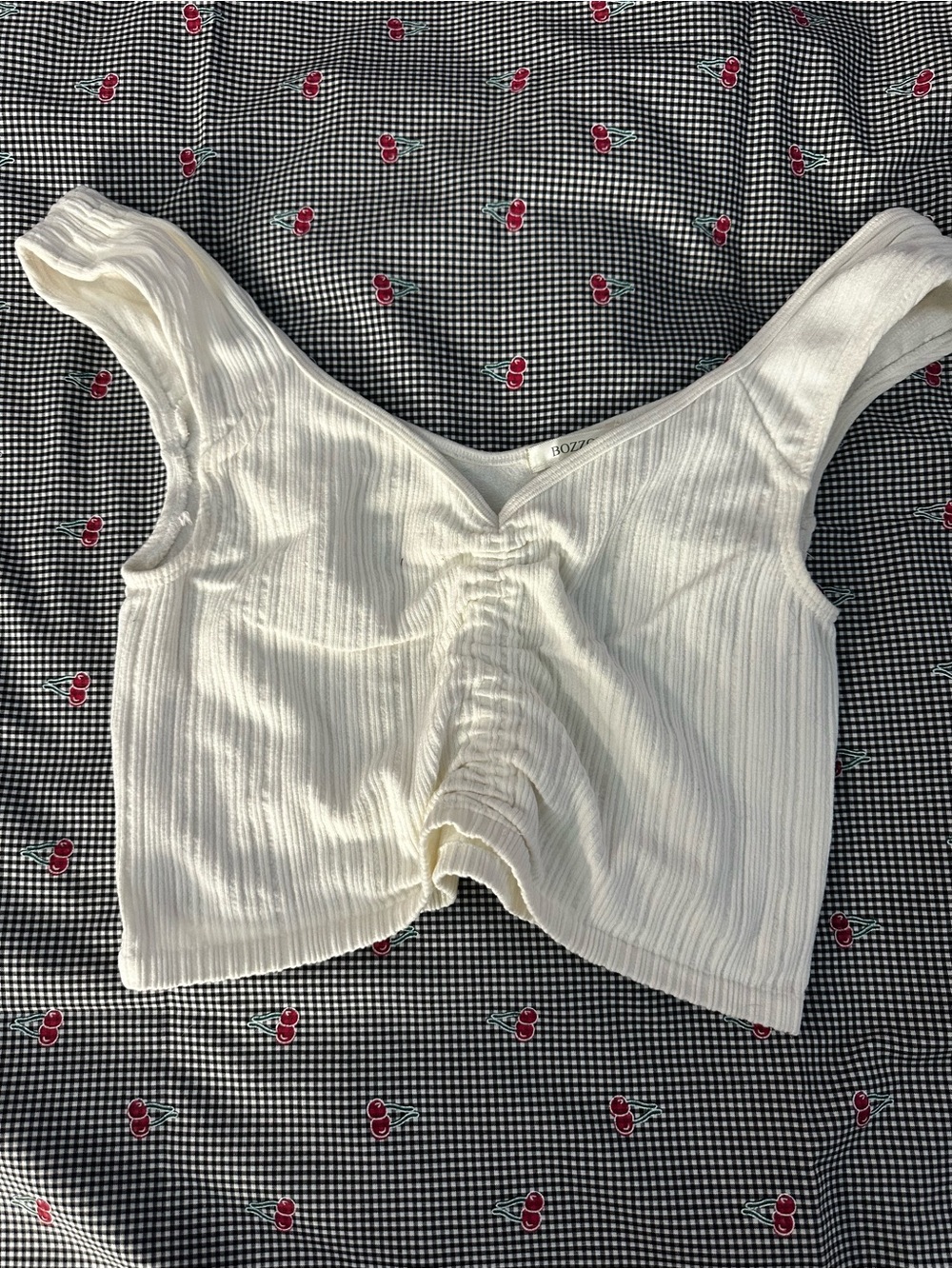 Bozzolo Cream Ribbed Front-Ruche Crop Top